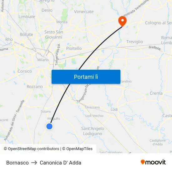 Bornasco to Canonica D' Adda map