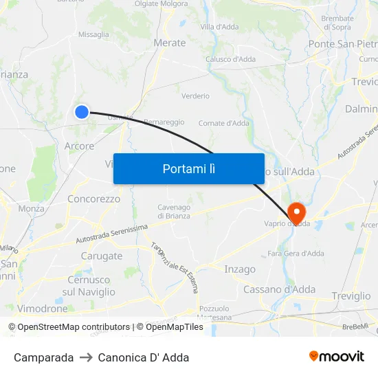 Camparada to Canonica D' Adda map