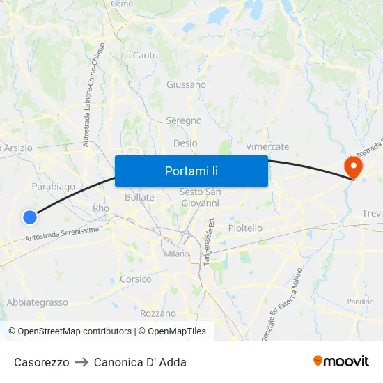 Casorezzo to Canonica D' Adda map