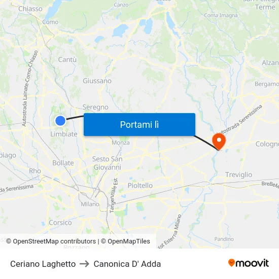 Ceriano Laghetto to Canonica D' Adda map