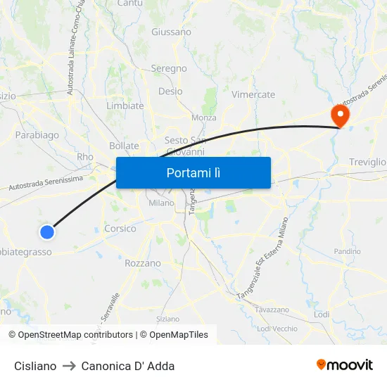 Cisliano to Canonica D' Adda map