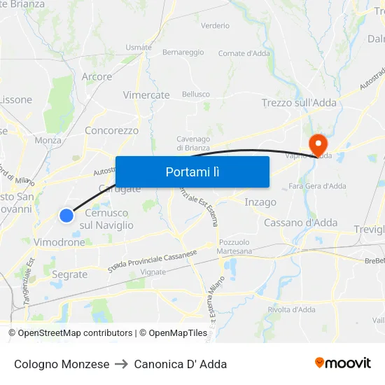 Cologno Monzese to Canonica D' Adda map