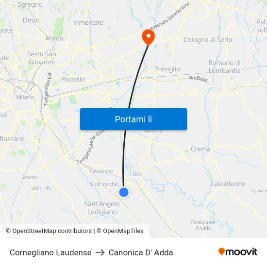 Cornegliano Laudense to Canonica D' Adda map