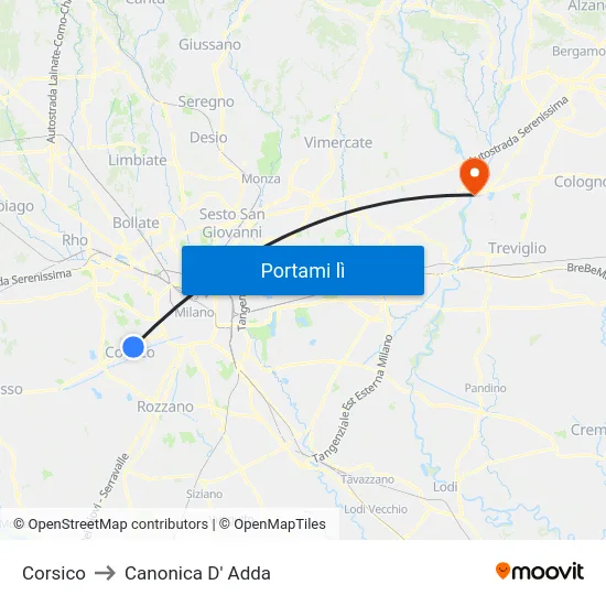 Corsico to Canonica D' Adda map
