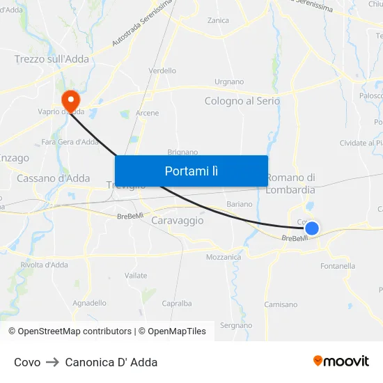 Covo to Canonica D' Adda map