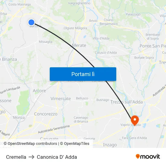 Cremella to Canonica D' Adda map