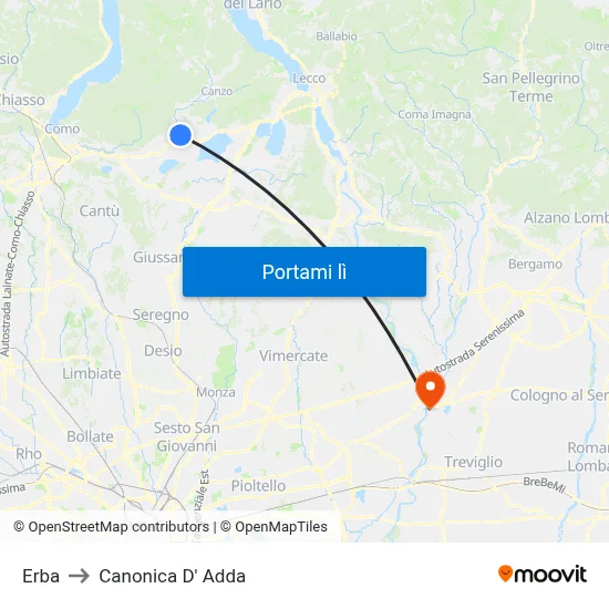 Erba to Canonica D' Adda map