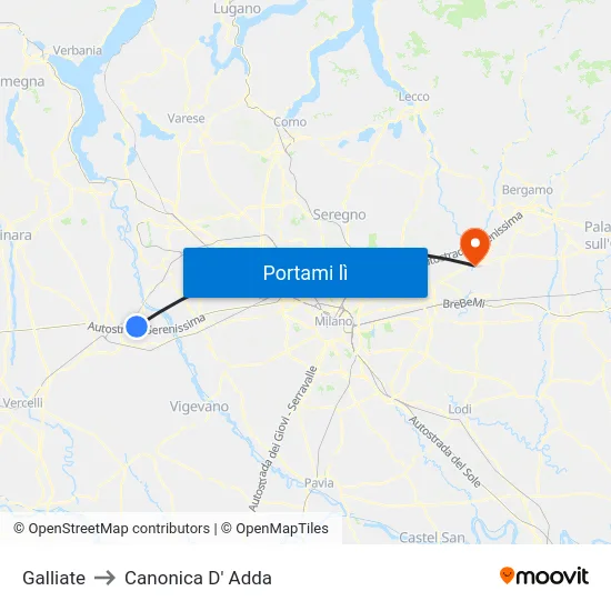 Galliate to Canonica D' Adda map