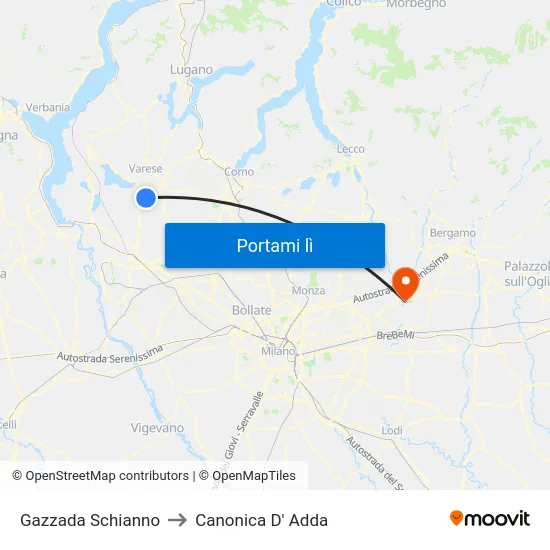 Gazzada Schianno to Canonica D' Adda map