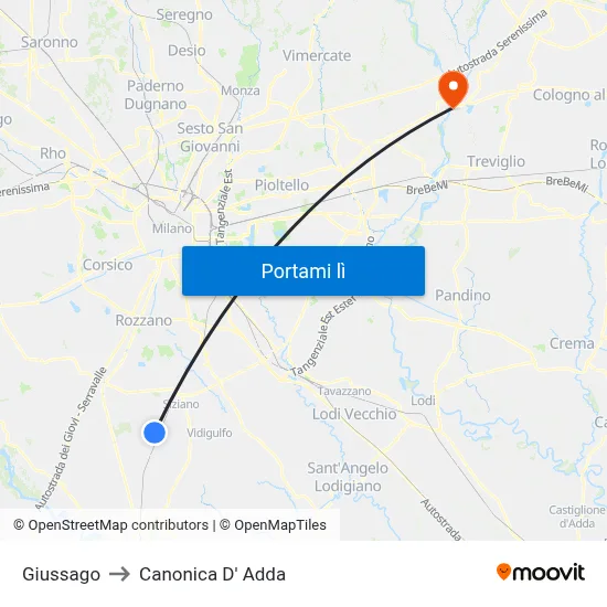 Giussago to Canonica D' Adda map