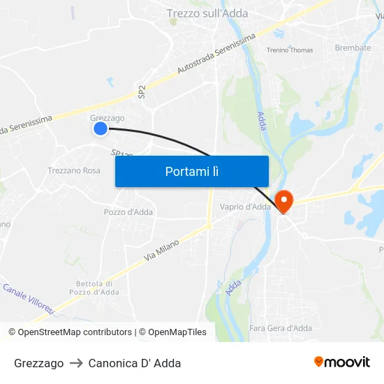 Grezzago to Canonica D' Adda map