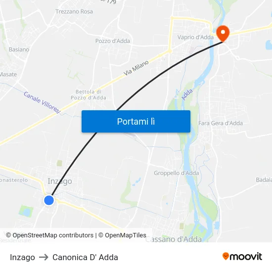 Inzago to Canonica D' Adda map