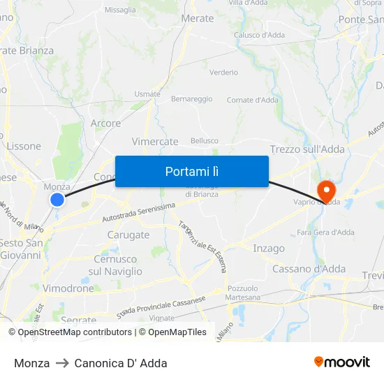 Monza to Canonica D' Adda map
