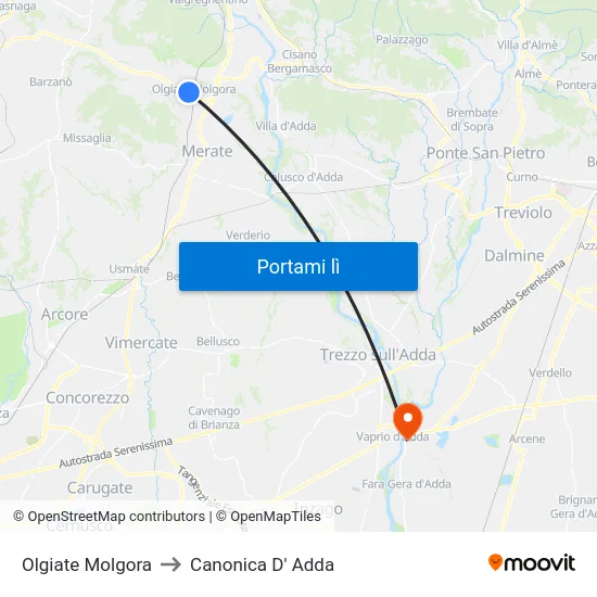 Olgiate Molgora to Canonica D' Adda map