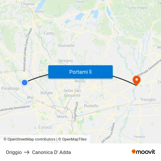 Origgio to Canonica D' Adda map