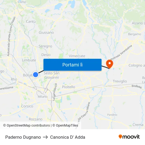 Paderno Dugnano to Canonica D' Adda map