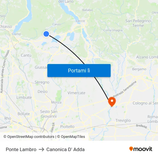 Ponte Lambro to Canonica D' Adda map