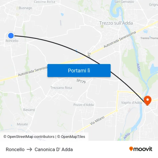 Roncello to Canonica D' Adda map