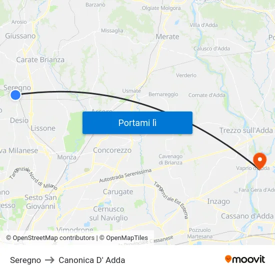 Seregno to Canonica D' Adda map