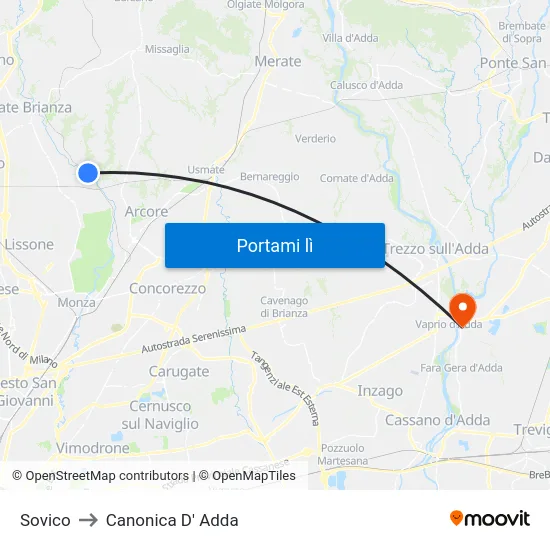 Sovico to Canonica D' Adda map