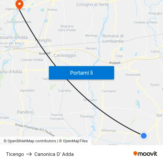 Ticengo to Canonica D' Adda map