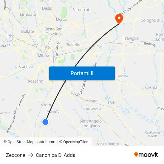 Zeccone to Canonica D' Adda map