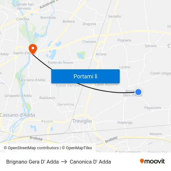 Brignano Gera D' Adda to Canonica D' Adda map