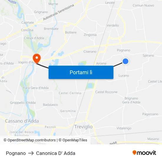 Pognano to Canonica D' Adda map