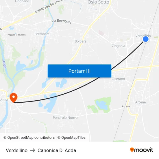 Verdellino to Canonica D' Adda map