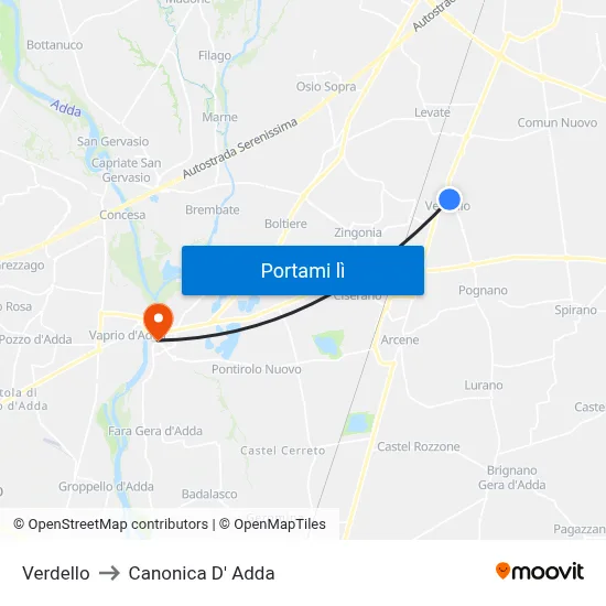 Verdello to Canonica D' Adda map