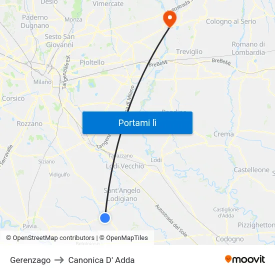 Gerenzago to Canonica D' Adda map