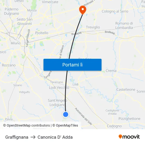 Graffignana to Canonica D' Adda map