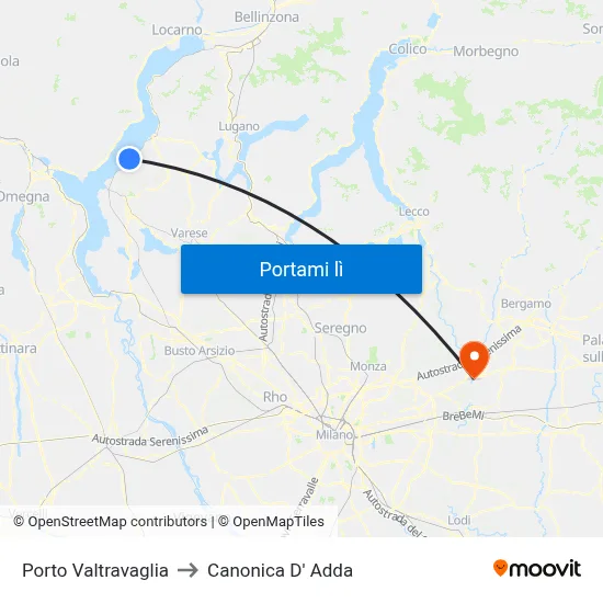 Porto Valtravaglia to Canonica D' Adda map
