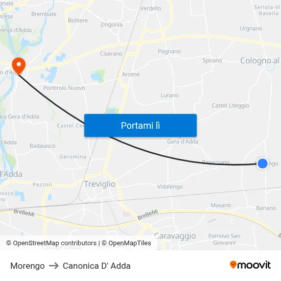 Morengo to Canonica D' Adda map