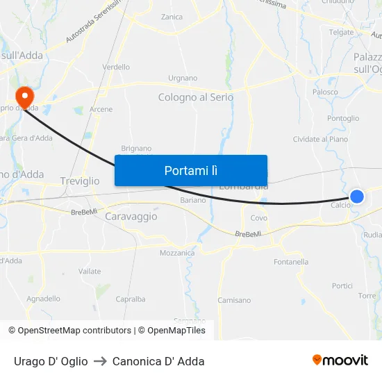 Urago D' Oglio to Canonica D' Adda map