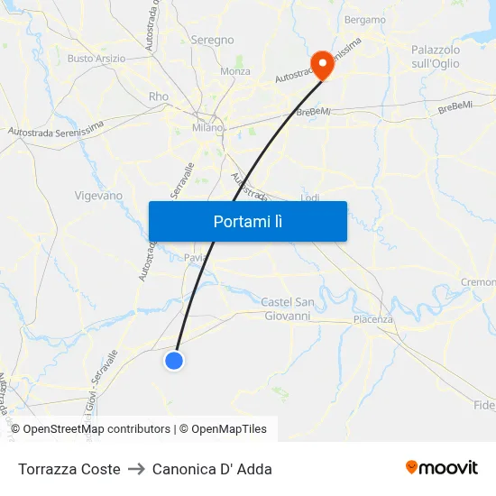 Torrazza Coste to Canonica D' Adda map