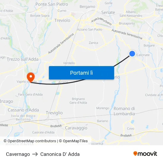 Cavernago to Canonica D' Adda map