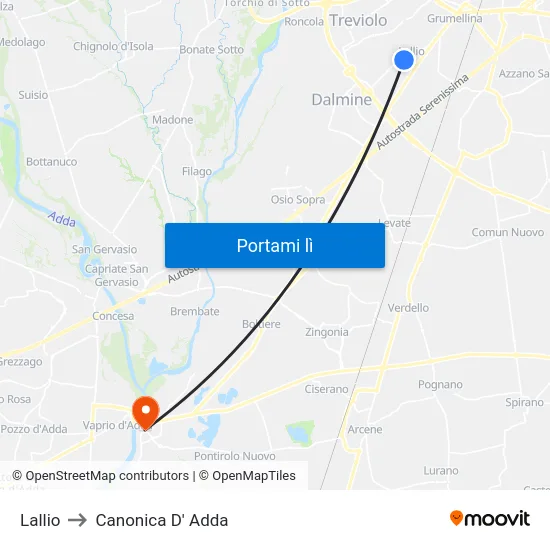 Lallio to Canonica D' Adda map