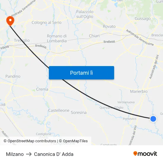 Milzano to Canonica D' Adda map