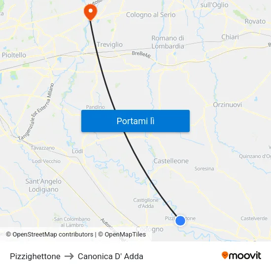 Pizzighettone to Canonica D' Adda map