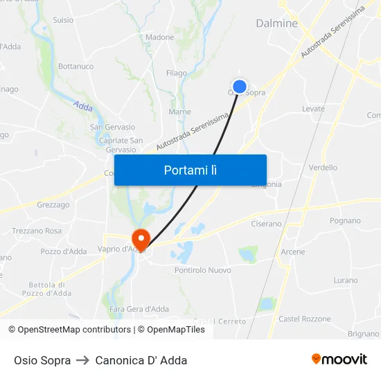 Osio Sopra to Canonica D' Adda map