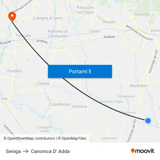 Seniga to Canonica D' Adda map