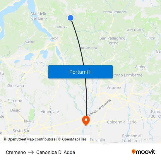 Cremeno to Canonica D' Adda map