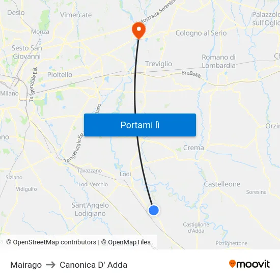 Mairago to Canonica D' Adda map