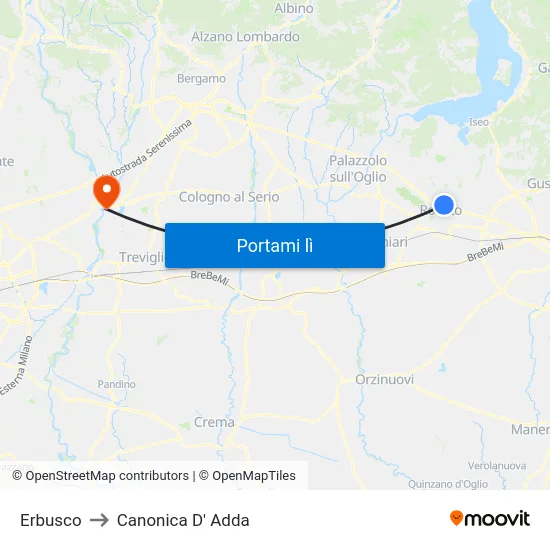 Erbusco to Canonica D' Adda map