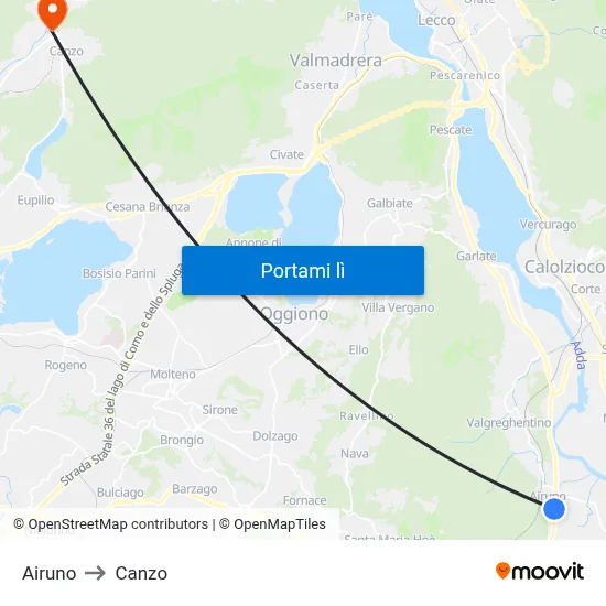 Airuno to Canzo map