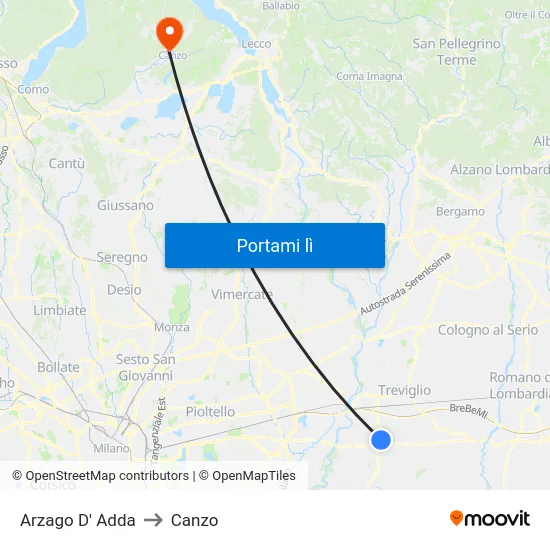 Arzago D' Adda to Canzo map