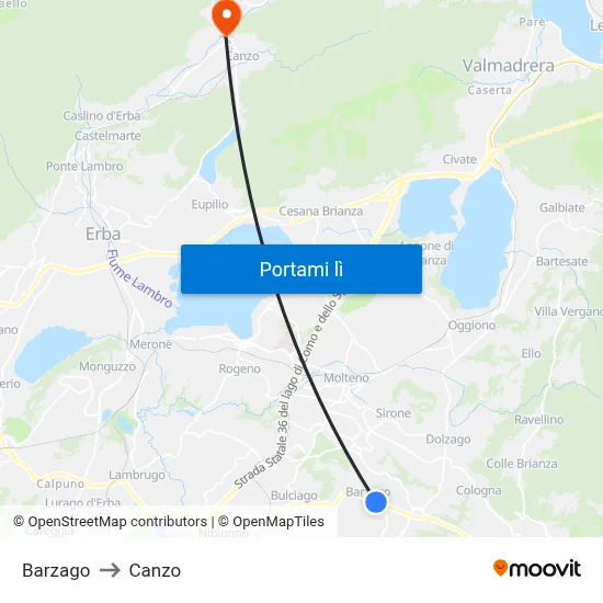 Barzago to Canzo map