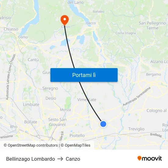 Bellinzago Lombardo to Canzo map