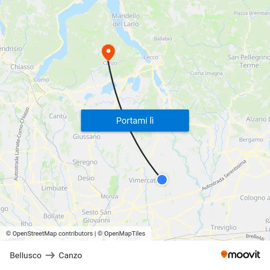 Bellusco to Canzo map